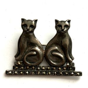 Sterling silver 925 Marcasite 2 cats Pin Brooch